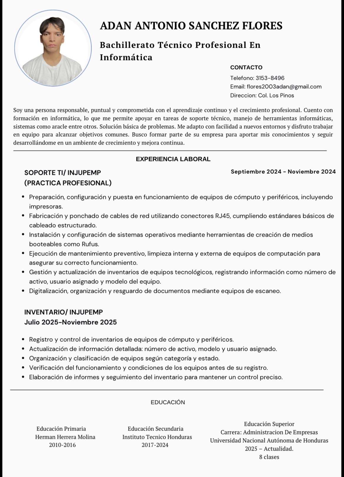 Página 1 de mi currículum vitae con información personal y profesional.